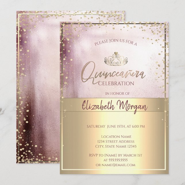 Chic Gold Tiara,Diamonds Rose Gold Quinceañera Invitation (Front/Back)