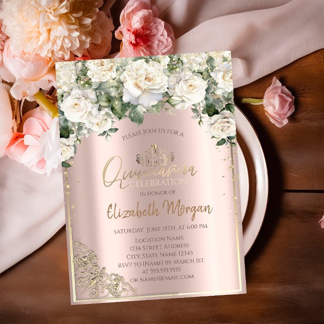 Chic Gold Tiara,White Roses Diamonds Quinceañera  Invitation (Creator Uploaded)