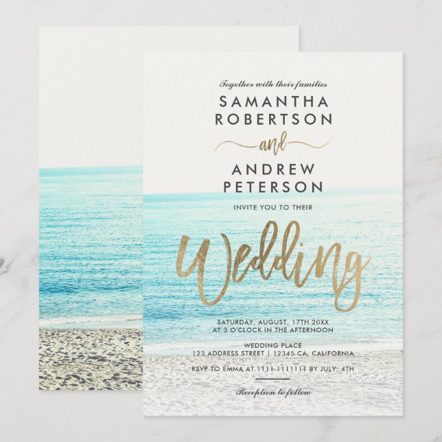 Chic gold typography beach photo wedding invitation (Front/Back)
