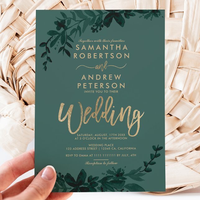 Chic gold typography Floral green wedding Invitation (Creator Uploaded)