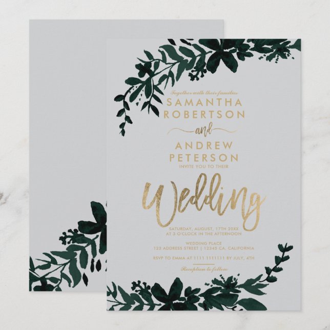 Chic gold typography Floral grey wedding Invitation (Front/Back)