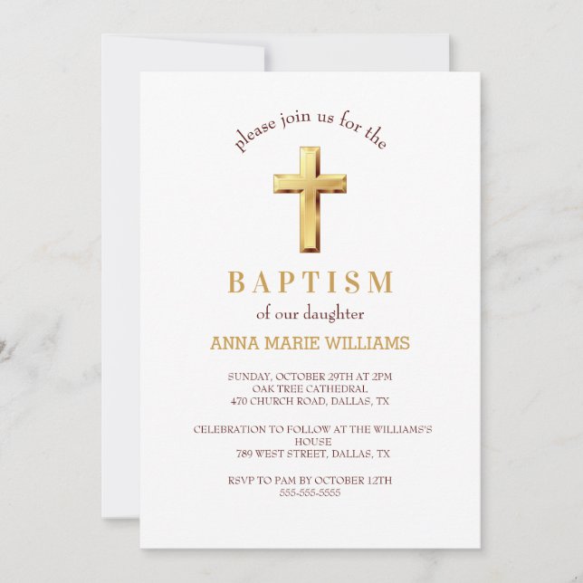 Chic Gold Typography Minimalist Cross Baptism  Invitation (Front)
