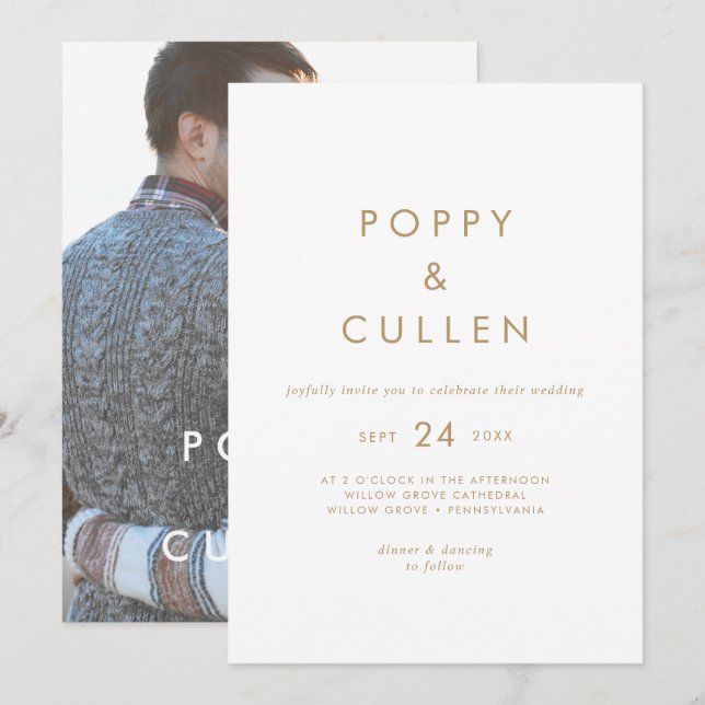 Chic Gold Typography Photo Wedding Invitation (Front/Back)