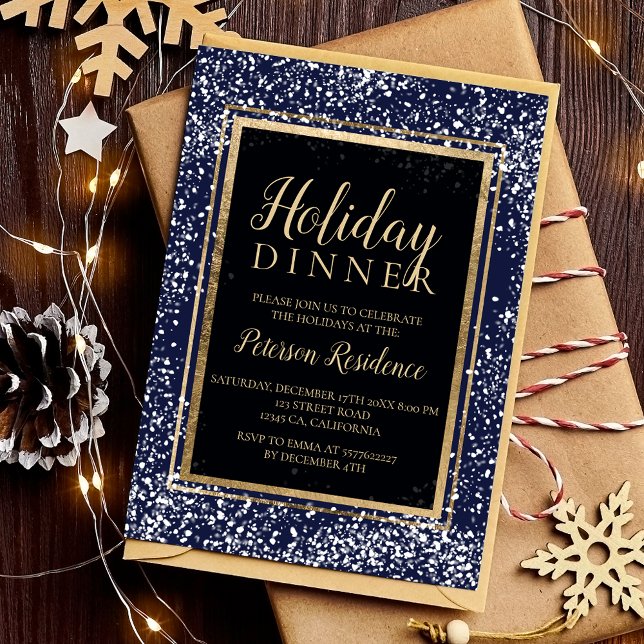 Chic gold typography snow holiday party navy invitation (Chic gold typography snow holiday party navy invitation)