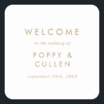 Chic Gold Typography Wedding Welcome Square Sticker<br><div class="desc">These chic gold typography wedding welcome stickers are perfect for a modern wedding. The simple design features classic minimalist gold and white typography with a rustic boho feel. Customisable in any colour. Keep the design minimal and elegant, as is, or personalise it by adding your own graphics and artwork. Personalise...</div>