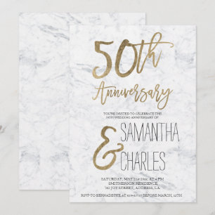 Chic Gold typography white marble 50th anniversary Invitation