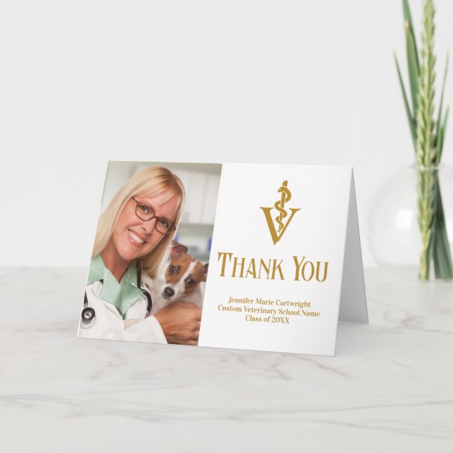 Chic Gold Veterinary School Graduation Photo Thank You Card (Front)
