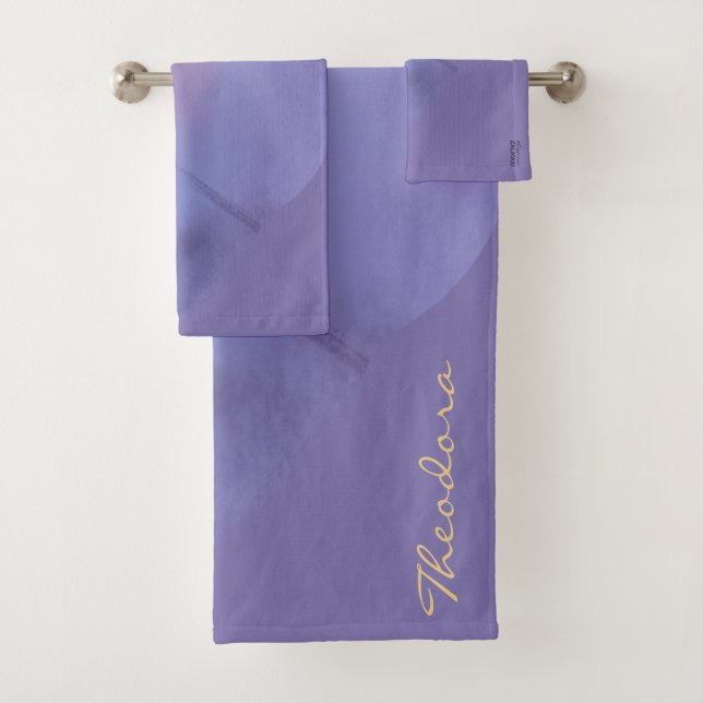 Chic Gold Violet Abstract Floral Bath Towel Set (Insitu)