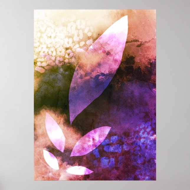 Chic Gold Violet Rose Leaves Abstract Painting Poster (Front)