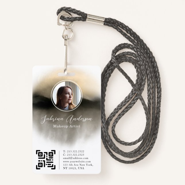 Chic Gold Watercolor Abstract Script Photo Logo ID Badge (Front with Lanyard)