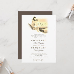 Chic Gold Watercolor Lighthouse Landscape Wedding Invitation