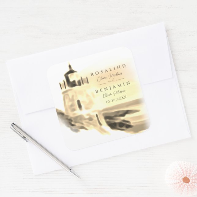 Chic Gold Watercolor Lighthouse Script Wedding Square Sticker (Envelope)