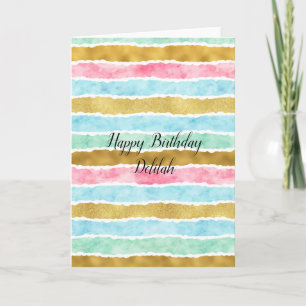 Chic Gold Watercolor Stripes Birthday Card