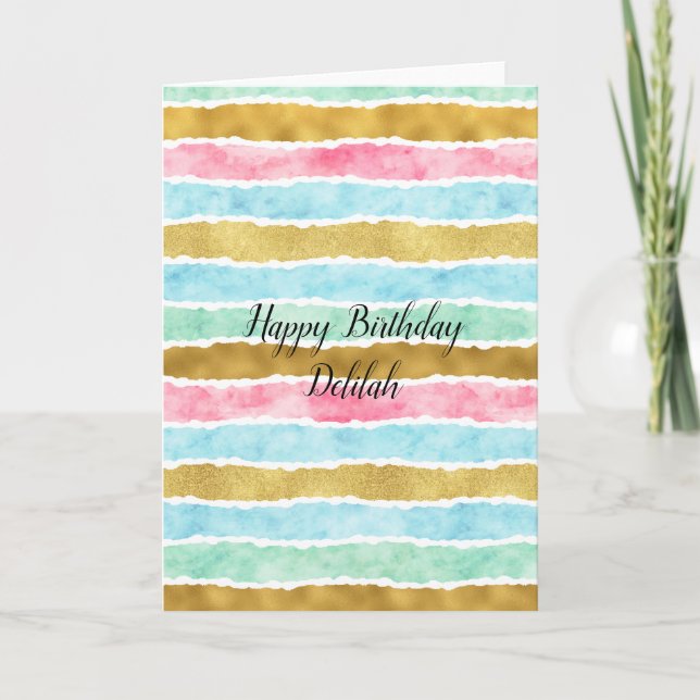 Chic Gold Watercolor Stripes Birthday Card (Front)