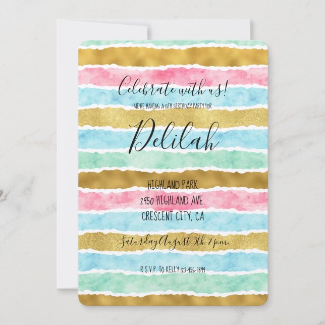 Chic Gold Watercolor Stripes Invitation (Front)