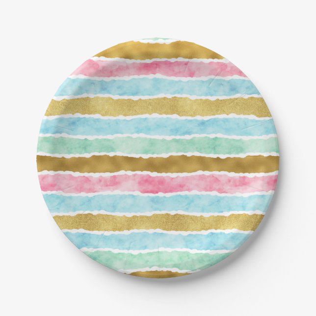 Chic Gold Watercolor Stripes Paper Plate (Front)