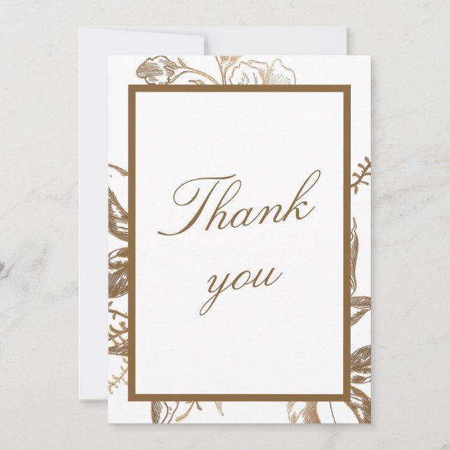 Chic Gold & White Faux Metal Floral Photo Wedding Thank You Card (Front)