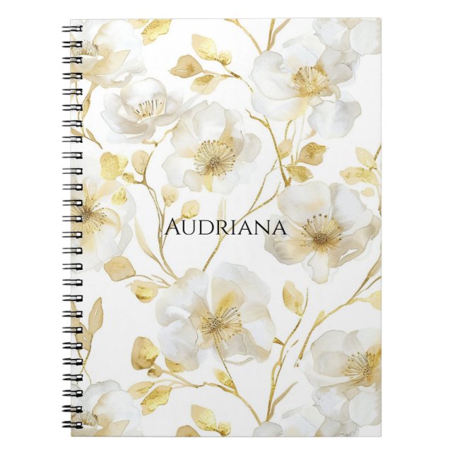 Chic Gold White Floral Notebook (Front)