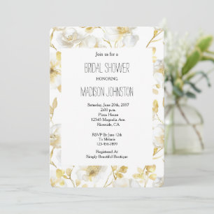 Chic Gold White Flowers Bridal Shower Invitation