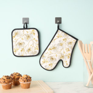 Chic Gold White Flowers Bridal Shower Oven Mitt & Pot Holder Set