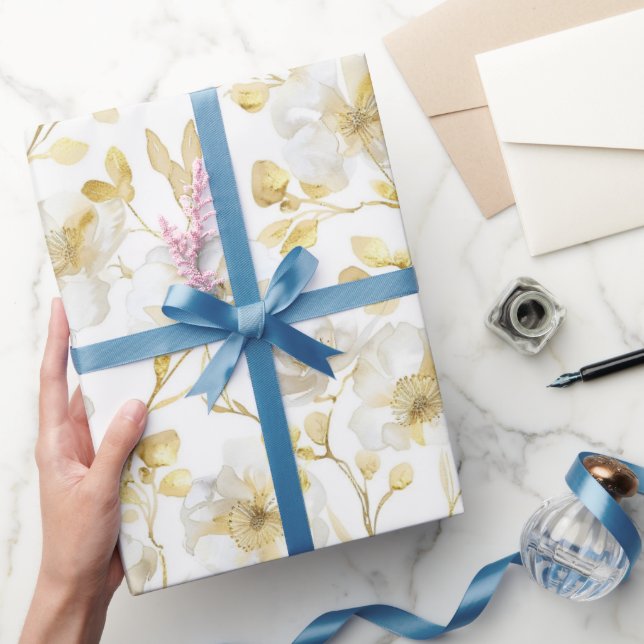 Chic Gold White Flowers Bridal Shower Wrapping Paper (Gifting)