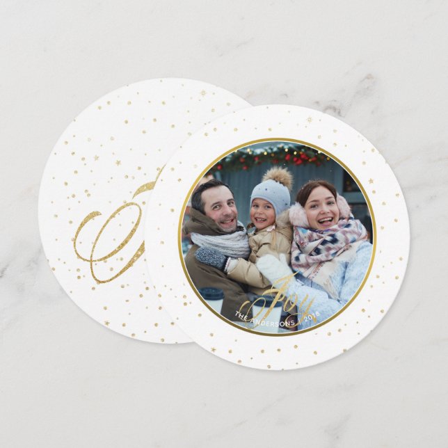 Chic Gold & White Joy Family Photo Holiday Invitation (Front/Back)