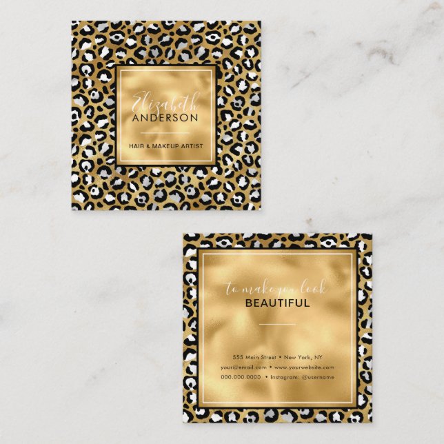 Chic Gold White Leopard Print Fashion Modern Square Business Card (Front/Back)