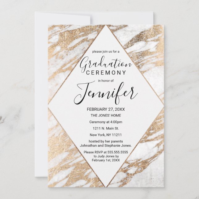 Chic Gold White Modern Marble Graduation Invitation (Front)
