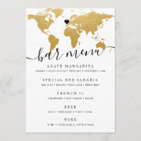Chic Gold World Map with Optional Heart Menu Card