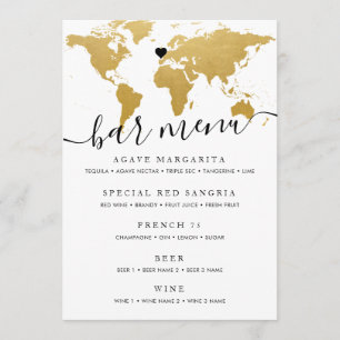 Chic Gold World Map with Optional Heart Menu Card