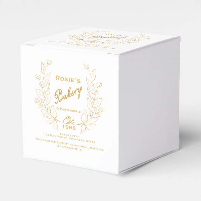 Chic Gold Wreath Bakery Logo Company Info Favour Box (Front Side)
