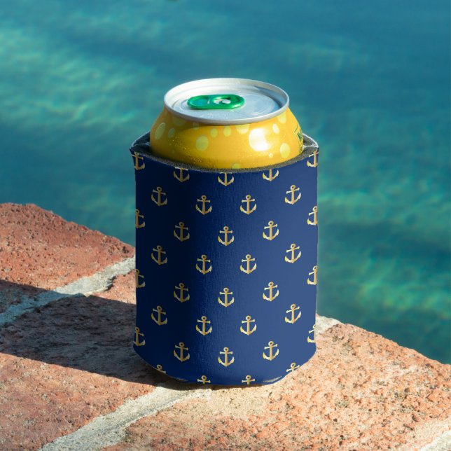 Chic Gold Yellow Anchor Pattern On Dark Navy Blue Can Cooler (In Situ Pool)