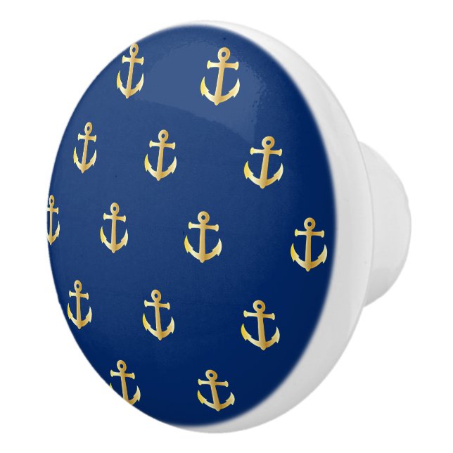 Chic Gold Yellow Anchor Pattern On Dark Navy Blue Ceramic Knob (Right)
