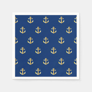 Chic Gold Yellow Anchor Pattern On Dark Navy Blue Napkin