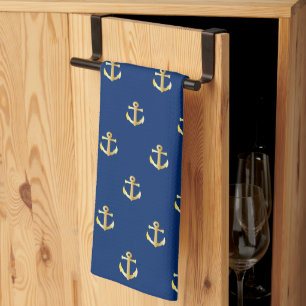 Chic Gold Yellow Anchor Pattern On Dark Navy Blue  Tea Towel