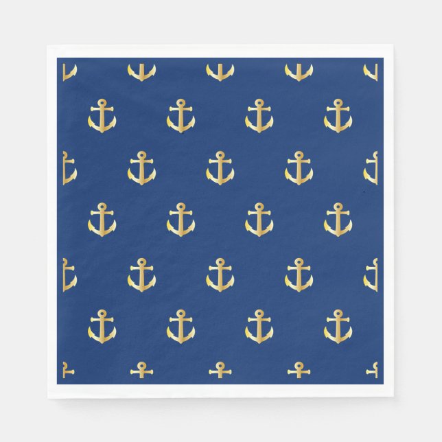 Chic Gold Yellow Nautical Anchors Pattern On Blue Napkin (Front)
