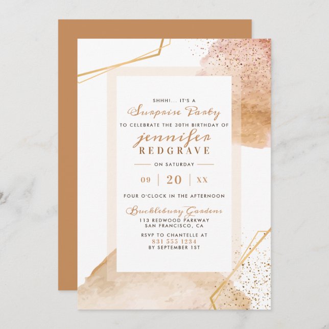 Chic Golden Abstract Dots Unique Surprise Party Invitation (Front/Back)