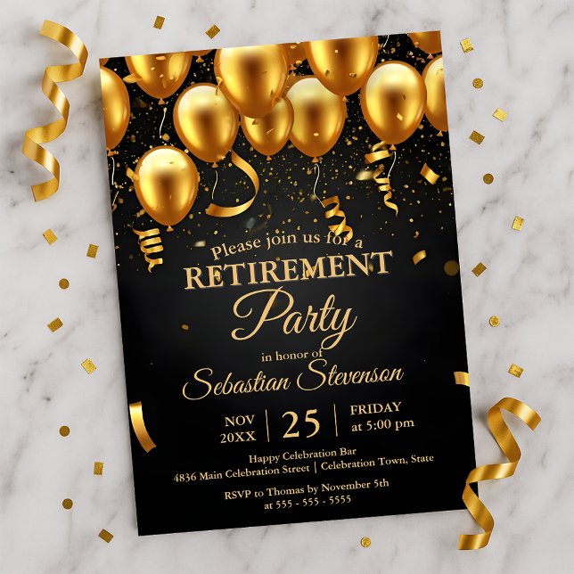 Chic Golden Balloons & Confetti Retirement Party  Invitation (Creator Uploaded)