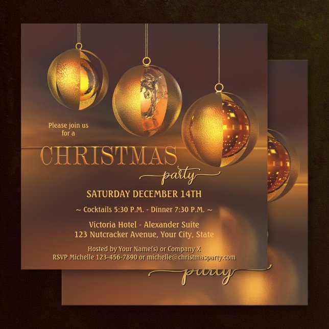 Chic Golden Baubles Christmas Party Invitation (Creator Uploaded)