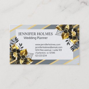 Chic Golden Black Orchid Floral Gold Grey Stripes Business Card