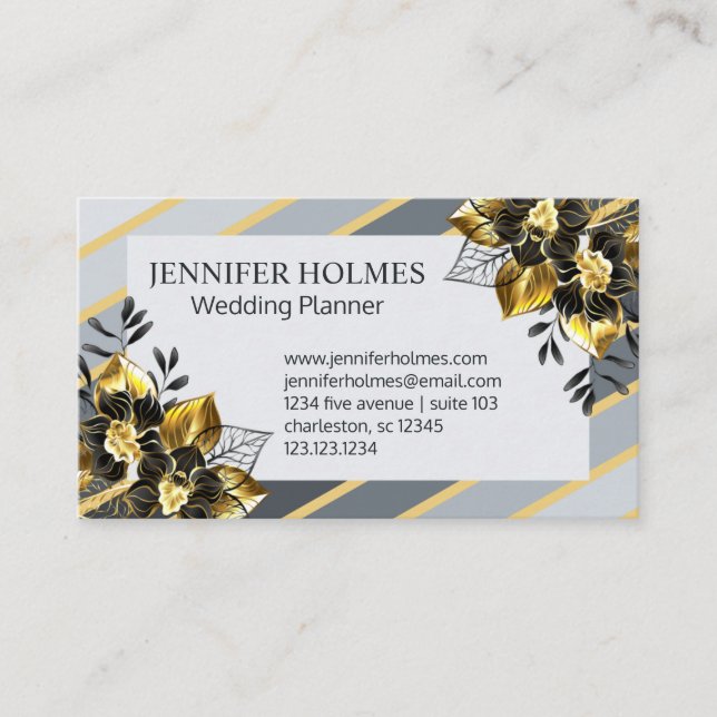 Chic Golden Black Orchid Floral Gold Grey Stripes Business Card (Front)