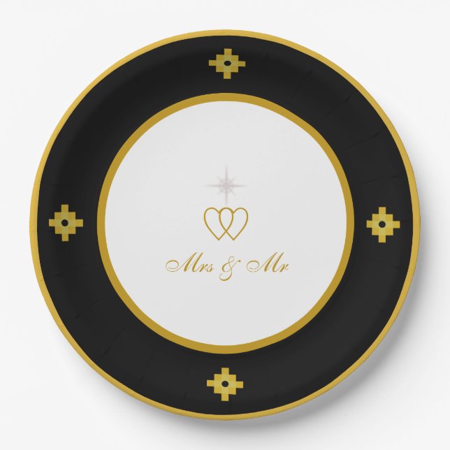 Chic Golden Black & White Wedding Paper Plate (Front)