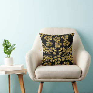 Chic Golden Botany Floral GARDEN ON BLACK Cushion