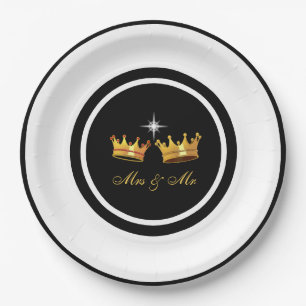 Chic Golden Crowns on Black & White Wedding Paper Plate