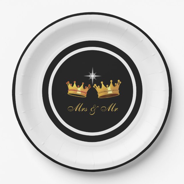 Chic Golden Crowns on Black & White Wedding Paper Plate (Front)