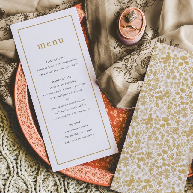 Chic Golden Ditzy Floral Wedding Menu (Ditzy watercolor floral wedding menu.)