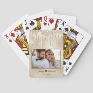 chic golden dripping glitters brown wedding photo  playing cards