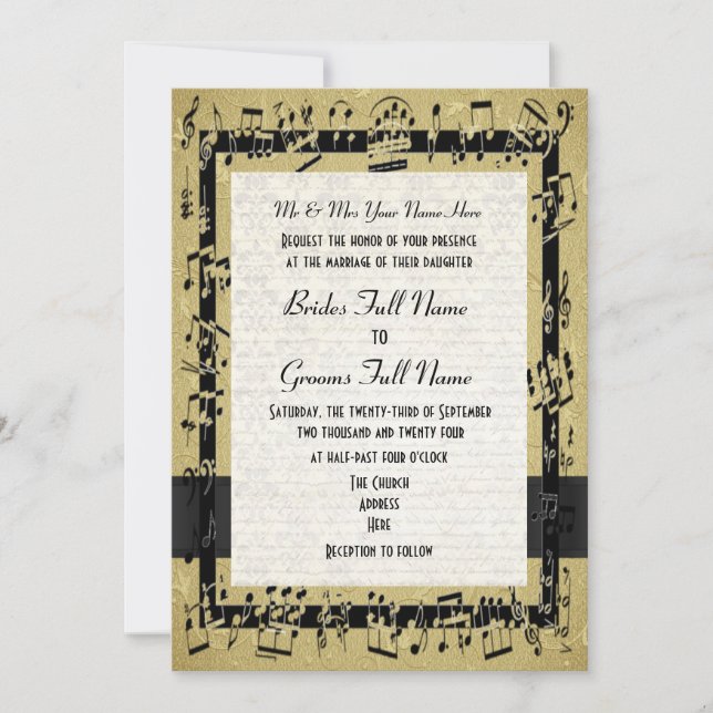 Chic golden elegant music sheet formal wedding invitation (Front)
