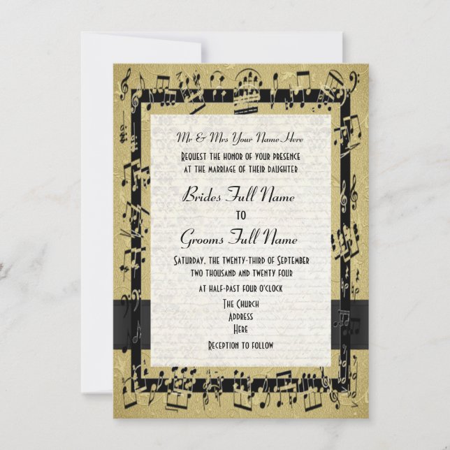 Chic golden elegant music sheet formal wedding invitation (Front)
