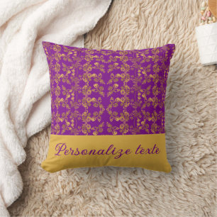 Chic Golden Floral damask swirl pattern on purple Cushion